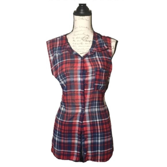 3X Miss Lili Madras Plaid Button Up Sleeveless - Picture 1 of 3